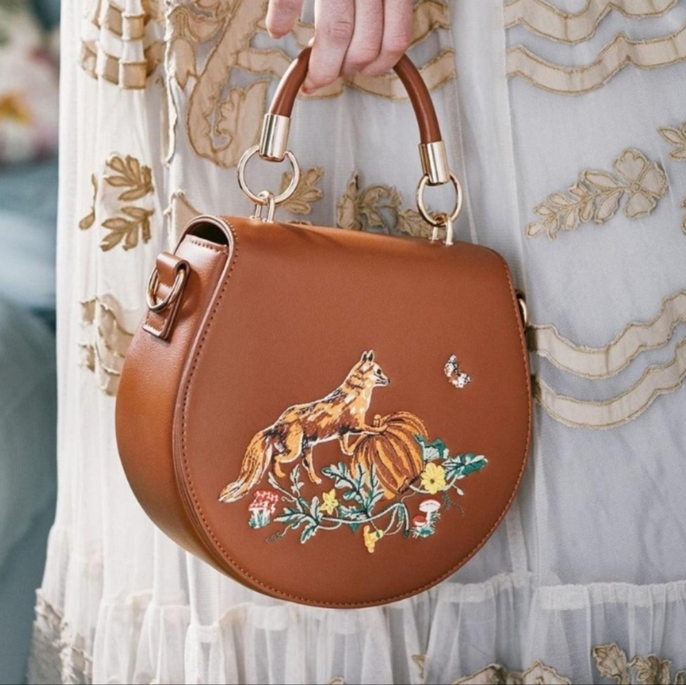 Fable England Fox & Pumpkin Embroidered Tan Saddle Bag